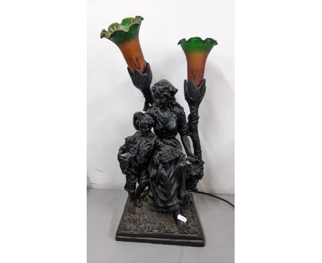 A vintage resin figural table lamp in the form of a lady, boy and dog with two wary rimmed shades, 55H x 29WLocation:A3FIf th