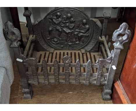 A Gothic style cast iron fire grate, cast with a scene of figures to the fireback, 45.5cm h x 49cm wLocation:If there is no c