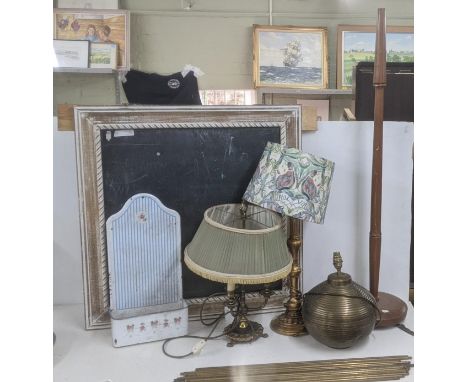 A mixed lot to include an enamelled utensil holder, a chalk board in a wooden frame, three lamps and mixed brass rodsLocation