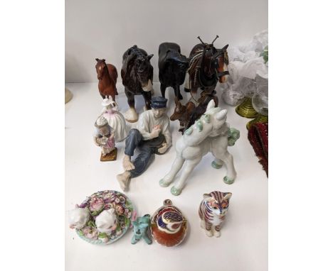 A collection of ceramic ornaments to include a Beswick donkey A/F, a Royal Doulton 'Buttercup' figure, two Royal Crown Derby 