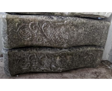 A pair of garden stoneware trough planters, cast with cherubs among vining scrolls, 20cm h x 74cm wLocation:If there is no co