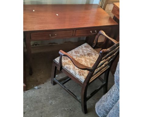 An Edwardian mahogany two drawer side table on tapering legs, 76cm h x 107, together with a George III Chippendale style chai