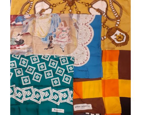 A group of vintage silk scarves to include an Aquascutum green and white example and a Paco Rabanne geometric patterned scarf