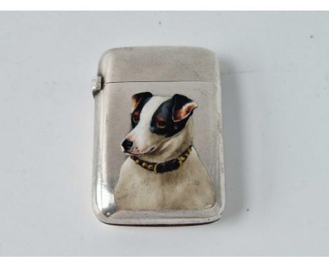 Good enamel vesta case. Front enamelled with a dogs head and shoulder. London 1895 By S M &amp; Co