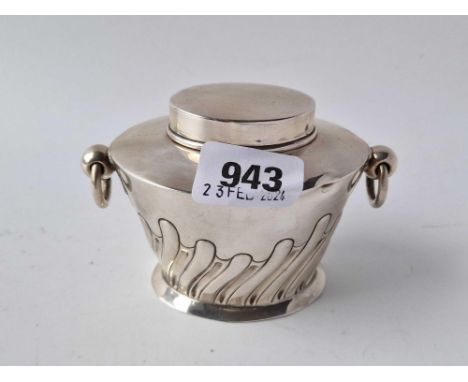 Oval half fluted Edwardian tea caddy with drop ring handles 4 in wide. Sheffield 1925 By W  S Ltd,. 117 gm