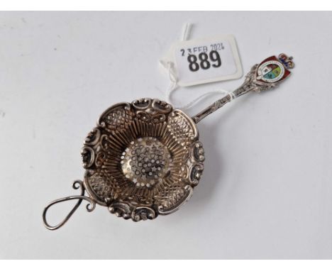 Fancy stirling tea strainer with enamel handle. Indusrtie, Intelligence, Integrity
