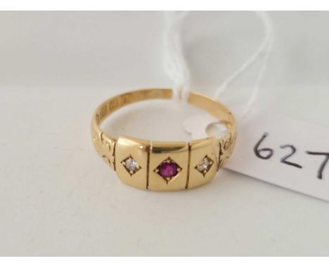 A Edwardian ruby and diamond three stone gypsy ring 18ct gold size O Birmingham  1901