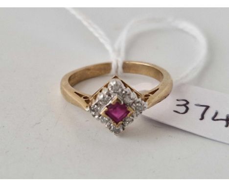 A ruby and diamond square cluster ring 9ct size M
