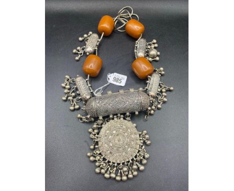 Antique tribal silver and amber mounted Bedouin  necklace with a  Hirz prayer box amulet. Yemen circa 1890. 570 gm