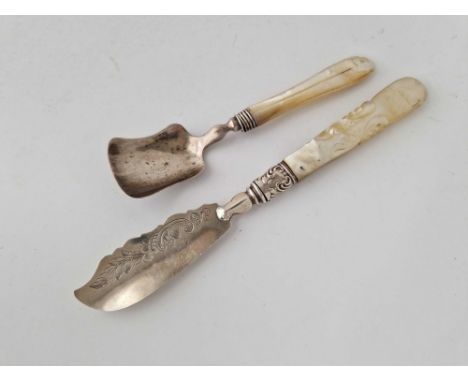 Butter knife with M O P handle 1867 &amp; a similar caddy spoon