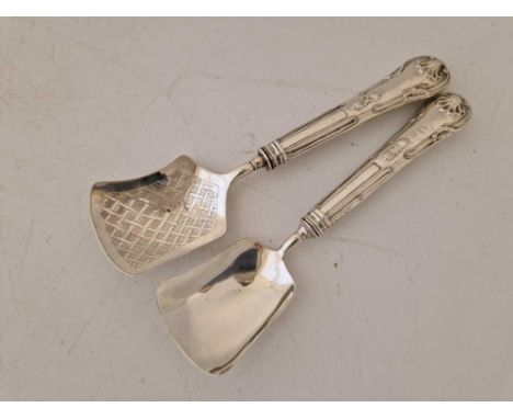 A pair of Georgian Kings Pattern caddy spoons, Birmingham 1933 by TF and the other probably 1830 by C&amp;B