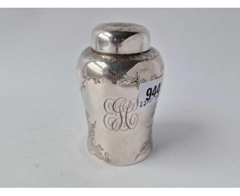 Bottle shaped sterling tea caddy engraved in aesthetic style. 4.5 in high. 165 gm