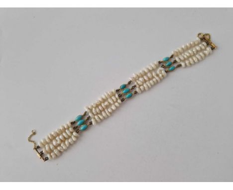 A vintage fresh water pearl gold &amp; turquoise bracelet