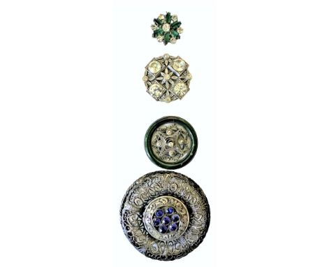 4 Medium/Large 19th century glass and paste jeweled buttons.This lot consists of a wonderful filigree style silvered brass ex