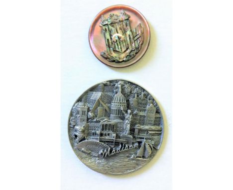 2 Medium/Large 19th/20th century buildings including pewter.This lot includes the 1997 National Button Society convention fav