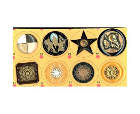 8 Large 20th century assorted Bakelite buttons.This lot includes the compass in the star shape, turquoise and brass OME, lami
