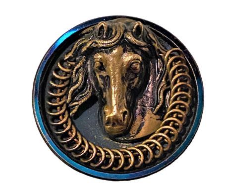 1 large 19th C. steel cup button with brass wire &amp; horse head.Here is a blued steel cup with a brass wire border framing 