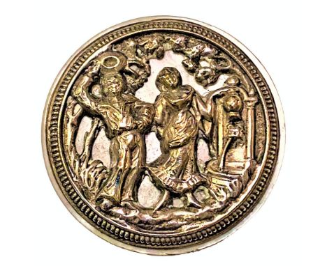1 Large 19th century brass over pearl picture button.This button is from the collection of the late Shirley Case wrote the NB