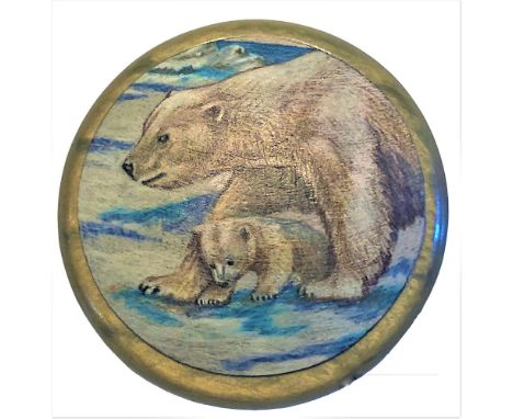 1 Large 20th C. hand made signed button of a polar bear and cub.This beautifully hand made button was made by Sarah Atlee who
