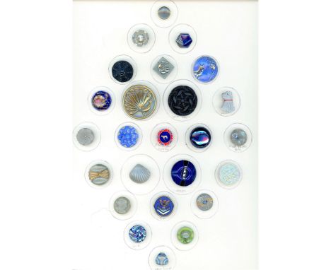25 S/M/L 20th C. blue glass including animals and Gooderham PPWT.This card incudes several nice blue glass buttons including 