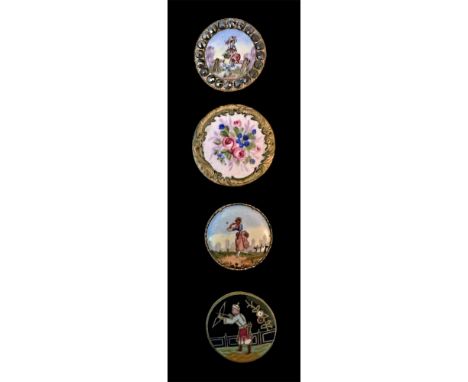 4 Medium size 19th century enamel buttons including figures.This lot includes a black based enamel of Champleve, two figurals