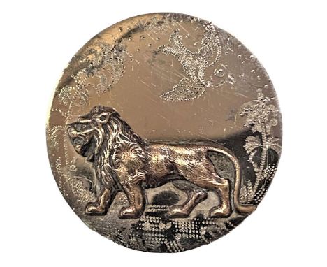1 Large 19th century brass over steel lion button.Here is a beautifully made and engraved brilliant flat steel with an applie