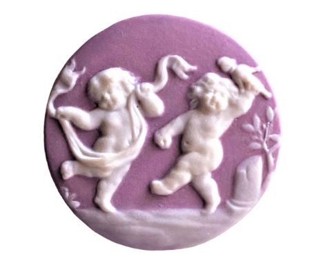 1 Large 21st century Jasperware button of frolicking cherubs.This nicely detail example by Stella Rzanski in 2002 is in a mor