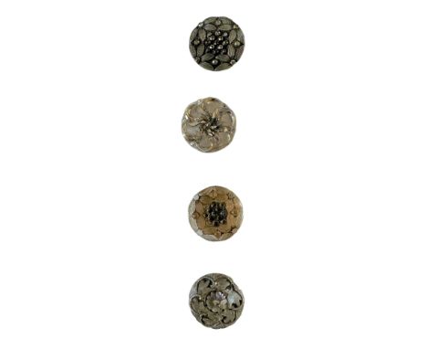 4 Small size 19th century assorted patterned glass buttons.Lacy glass buttons from the Czech Republic in the late 1800's are 