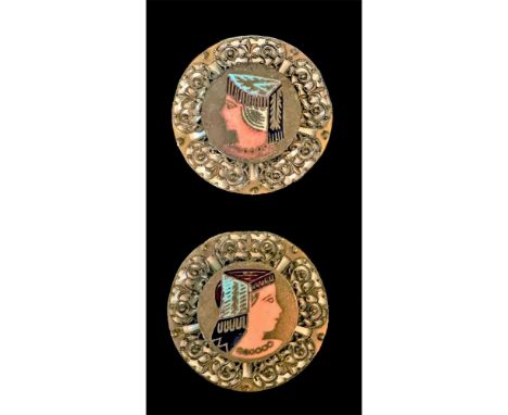 2 Large-Medium pierced bordered Egyptian head enamels.These two buttons are beautifully executed in the Champleve technique. 