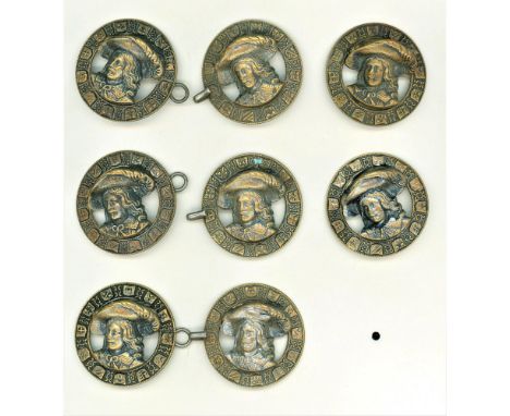 23 S/M/L 19th century assorted metal head buttons.This lot contains 3 matching large pierced cloak closures with single shank