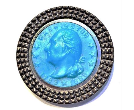 1 Large 19th C. hard to find button of George Washington.This historical blue glass head of George Washington set in metal is