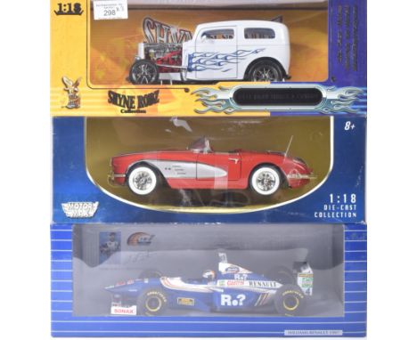 A collection of x3 assorted 1/18 scale boxed diecast model cars comprising; Motor Max 1958 Corvette, Onyx Williams Renault Ge