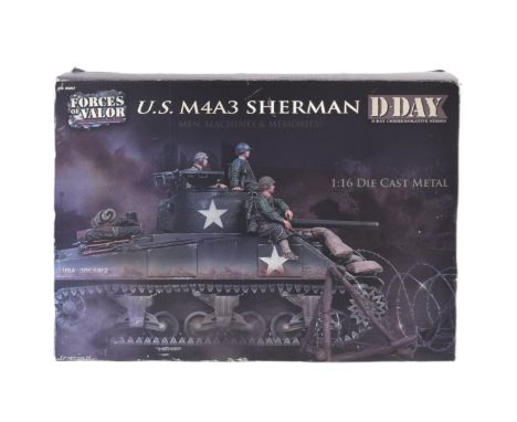 A large Unimax made Forces of Valour 1/16 scale boxed diecast model No. 85007 US United States M4A3 Sherman Tank. A highly de