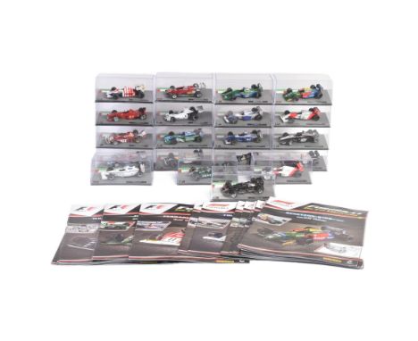 A collection of 1/43 scale boxed diecast model cars of Formula One interest with accompanying magazines. Examples to include;