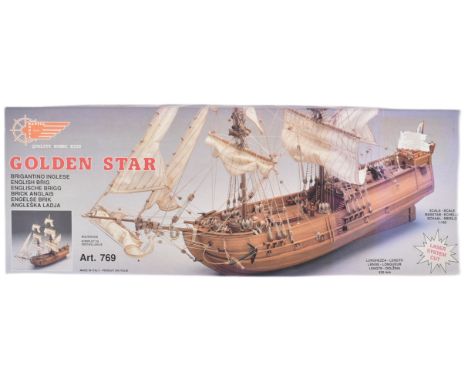 Wooden Model Kit - an Italian ' Mantua Models ' 1/50 scale Golden Star brig boat. The kit appearing unused with instructions 