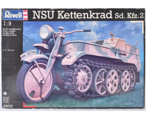 An original Revell made 1/9 scale plastic model kit No. 03072 a German NSU Kettenkrad half track motorcycle. The kit appearin