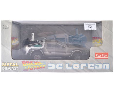 An original Sunstar made boxed 1/18 scale diecast model No. 2701 1981 Back To The Future Delorean LK. The model appearing min