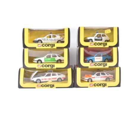 A collection of x6 vintage Corgi diecast model police cars to include; 339 Rover 3.5 Police, 299 Ford Sierra, 297 Ford Escort