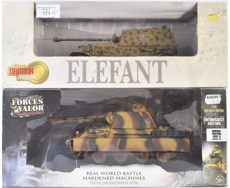 Two diecast military model tanks of Second World War interest comprising; Unimax ' Forces of Valor ' 1/32 scale German Panthe