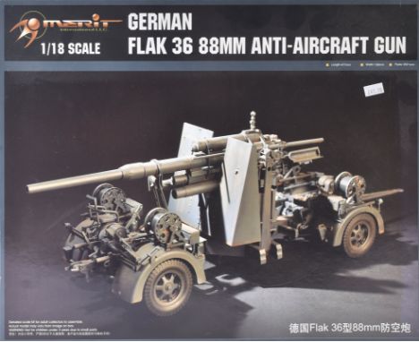 A Merit International made 1/18 scale plastic model kit No. 61701 German Flak 36 88mm Anti-Aircraft Gun. The kit appearing un