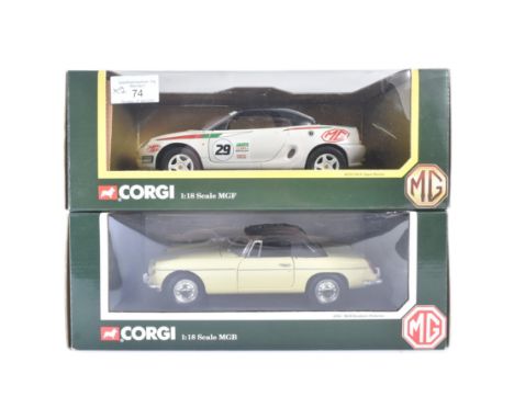 Two original Corgi 1/18 scale diecast model cars comprising; 45201 MGB Roadster in Primrose and&nbsp; 46702 MFG VVC Roadster 