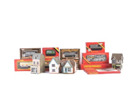 A collection of assorted OO gauge model railway trainset locomotive engine, rolling stock and trackside accessories to includ