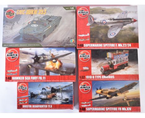 A collection of x6 assorted Airfix plastic model kits to include; 1/48 scale Supermarine Spitfire, 1/72 scale Bristol Beaufig