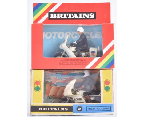 Two vintage Britains 1/32 scale diecast and plastic model motorcycles comprising; 9695 BMW Policeman and 9673 Police Patrolma