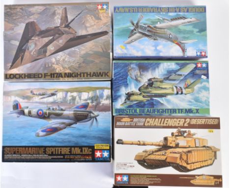 A collection of x5 assorted Tamiya plastic model kits to include; 1/32 scale Supermarine Spitfire, 1/48 scale Bristol Beaufig