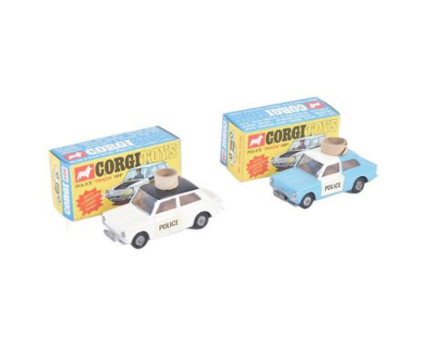 Two vintage Corgi Toys diecast model Police cars. Both No. 506 Police ' Panda ' IMP with lumius door panel decal. One black a