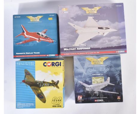 A collection of Corgi diecast models of Aviation interest comprising; 1/72 scale Eurofighter Typhoon, 1/72 scale Aerospace Ha