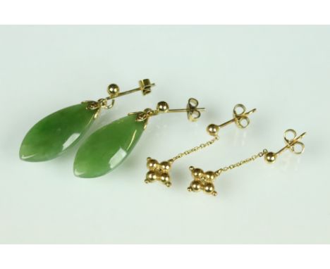 Pair of yellow metal drop earrings, quatre foil chain dropper, post and butterfly ear fittings; together with a a pair of jad