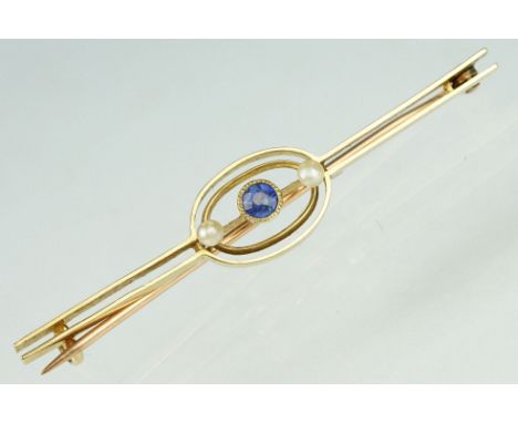 Early 20th century sapphire and pearl unmarked yellow gold bar brooch, small round sapphire to centre, diameter approx 3mm, r