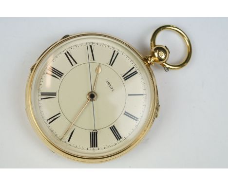 19th Century Victorian 18ct yellow gold open face pocket watch. The watch having roman numerals and second markings to the ch